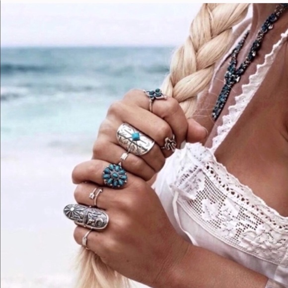 9pc BOHO RING SET Turquoise SILVER arrow southwest - Picture 3 of 7